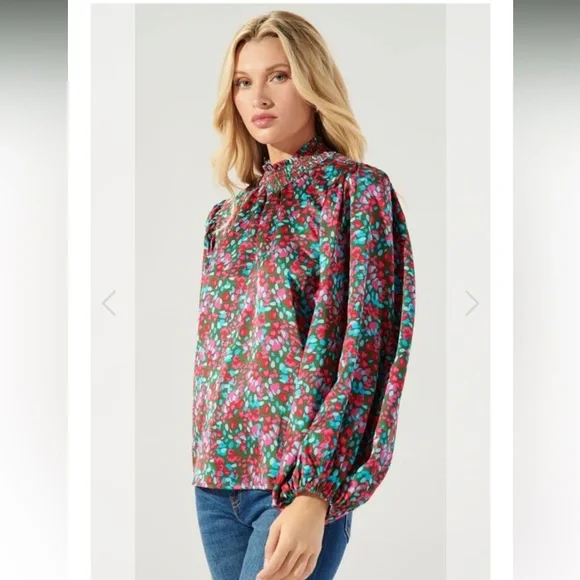 Sugarlips SEREIA FLORAL FIGARO BALLOON SLEEVE SATIN BLOUSE in multi - Picture 6 of 8